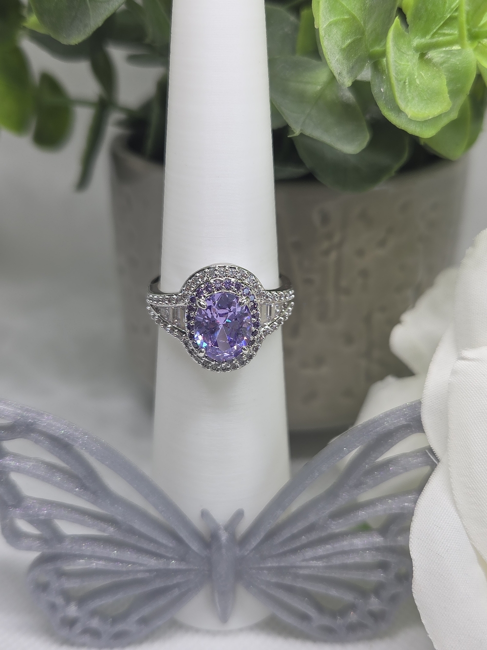 BP Lavender Halo Ring with CZ Accents On Rhodium Plating